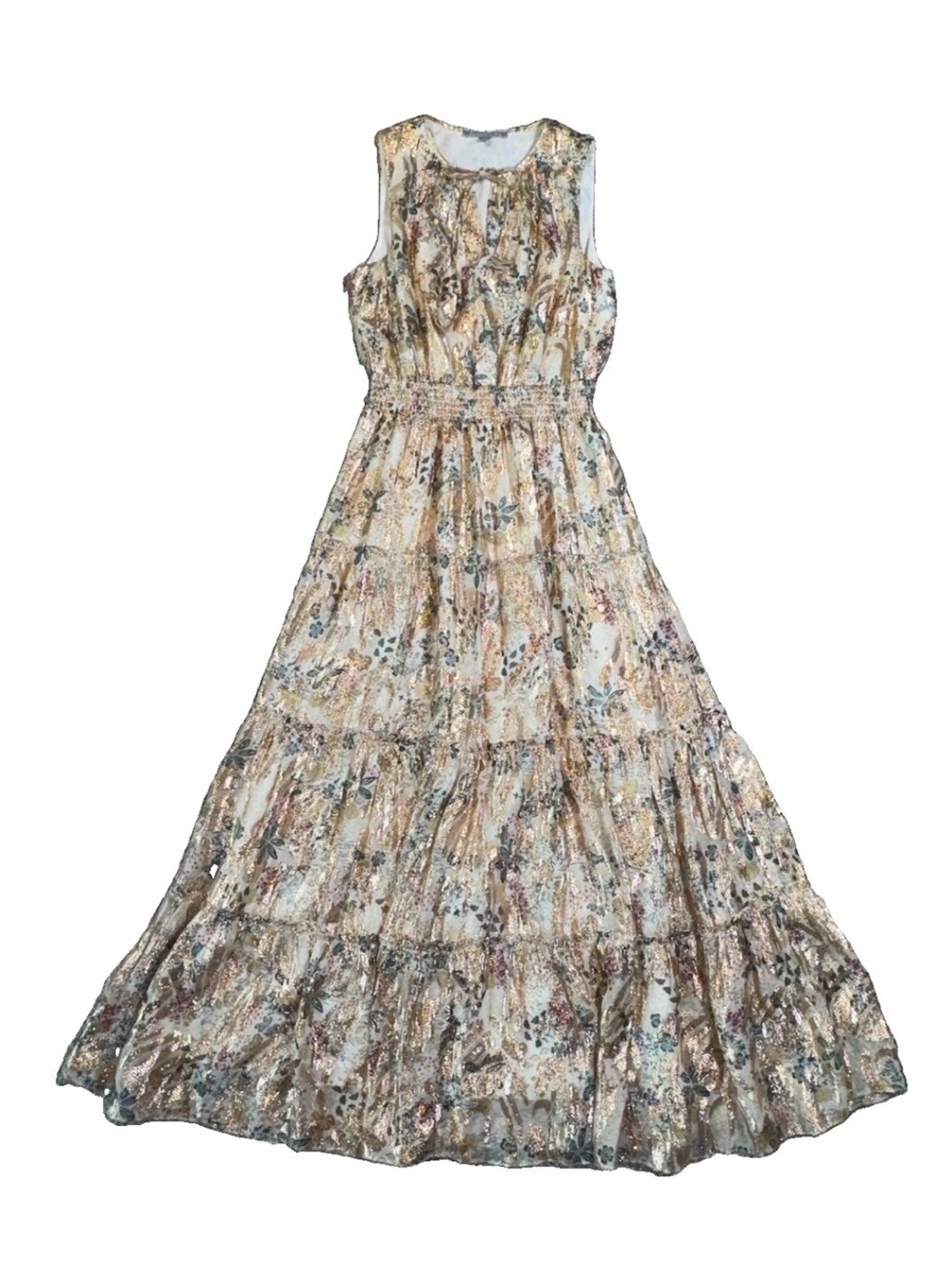 Daniel Rainn Eileen Sleeveless Maxi Dress Gold Floral Lurex Smocked Waist S - Picture 2 of 16
